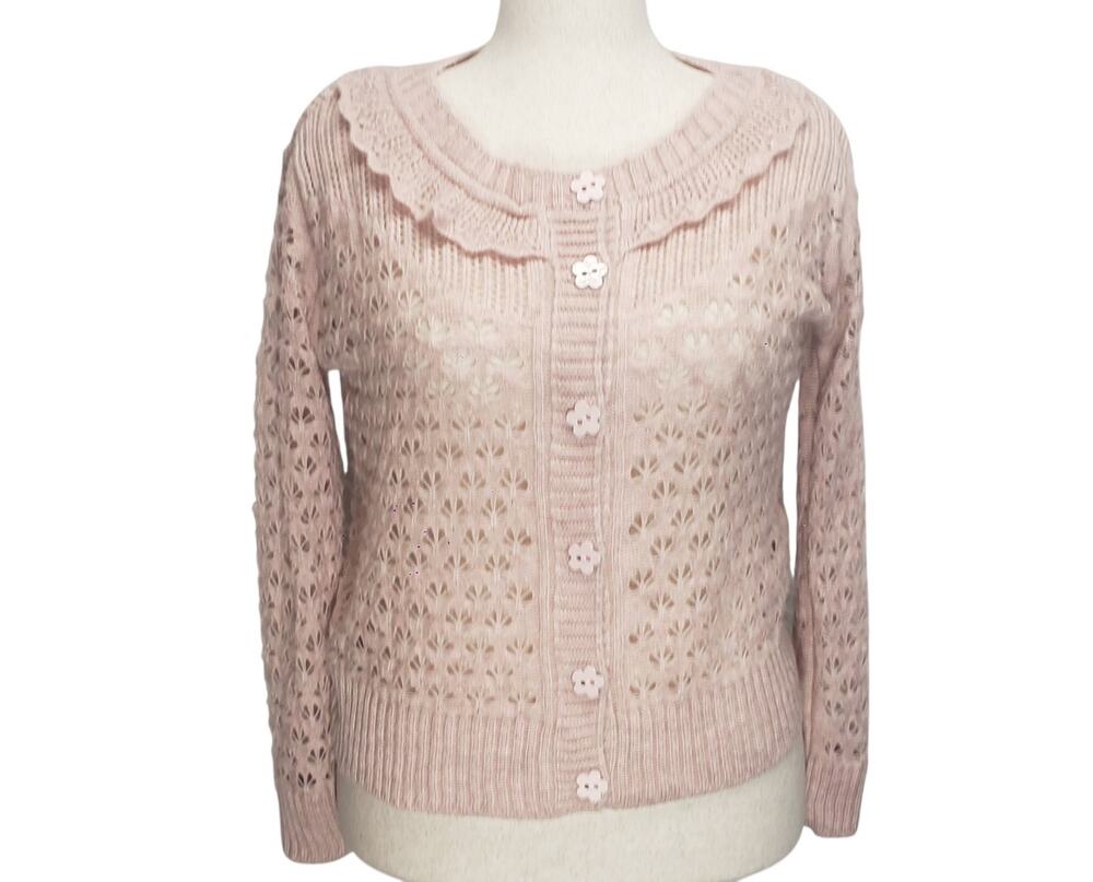 Fobya Blush Pink Pointelle Cardigan L/XL Scalloped Collar Coquette Cottagecore